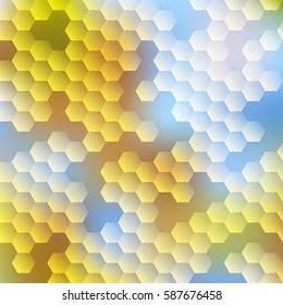 Modern luminous polygon vector pattern for cover layout, banner, poster, presentation, ecological project. Abstract graphic design with transparent hexagons on blue and brown, yellow background. 
