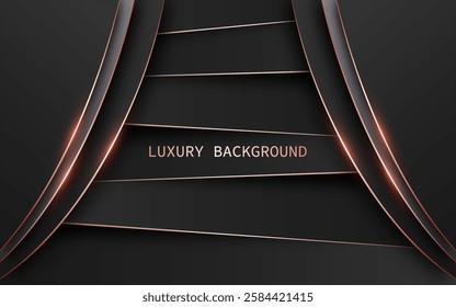 Modern and luxurious abstract background with a dark color and metallic rose gold accents. The design features curved and layered elements. Vector illustration 