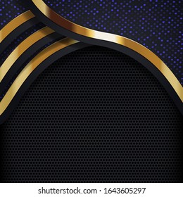 Modern luxurious dark black gold abstract background. Combination with glowing golden stripes elements and blank space in vector shapes design style. Creative graphic line art