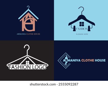 A MODERN AND LUXURIOUS FASHION LOGO DESIGN.Four fashion logos featuring hangers and house elements.Good color
combination.blue ,White, black.