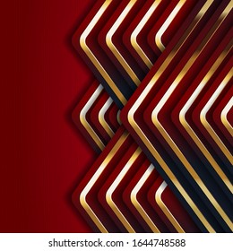 Modern luxurious red gold abstract background with blank space. Futuristic combination from glowing golden stripes elements and glitter in vector shapes design style. Brillian digital graphic line art