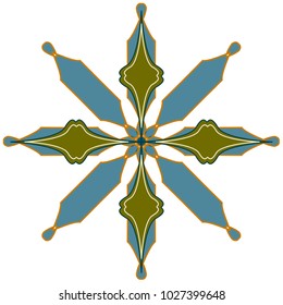 Modern luxurious symmetrical oriental pattern ,green and blue colored, isolated on square shaped white background
