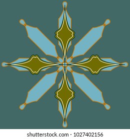 Modern luxurious symmetrical oriental pattern ,green and blue colored, isolated on square shaped green background