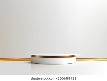 Modern Luxury 3D White Podium with Gold Rim on White Background, Perfect for Reflective Surface Displays, Elegant Product Mockups, and Clean Showcase Presentations