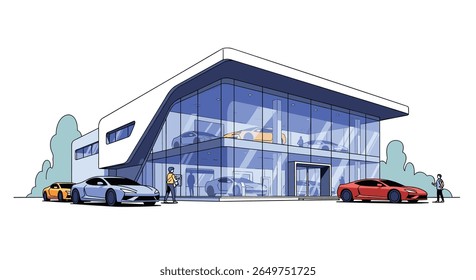 Concessionária automotiva de luxo moderna apresentando carros esportivos de alto desempenho e veículos premium em um design arquitetônico elegante