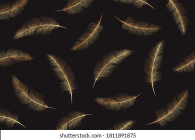 Modern luxury background for banner or presentation or greeting card with golden feathers on black.