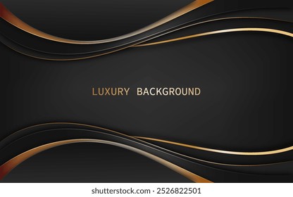 Fundo de luxo moderno com formas de ondas pretas e douradas sobrepõem camadas e decoração de linha dourada