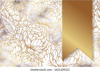 Modern luxury background for business or presentation or greeting with golden flowers and ribbon on white marble texture.