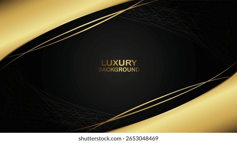 Fundo de luxo moderno com linhas curvas de ouro elegantes em uma superfície preta escura, ideal para marcas, apresentações e eventos high-end.