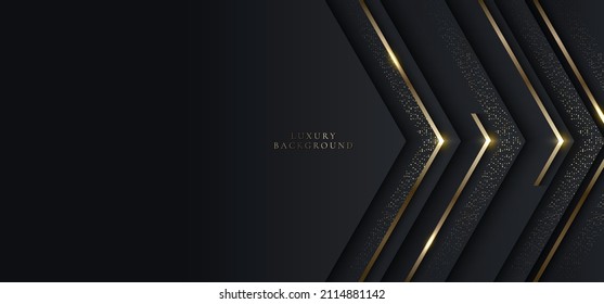Modern luxury banner template design black triangles and golden glitter 3D gold stripes line light sparking on dark background. Vector graphic illustration