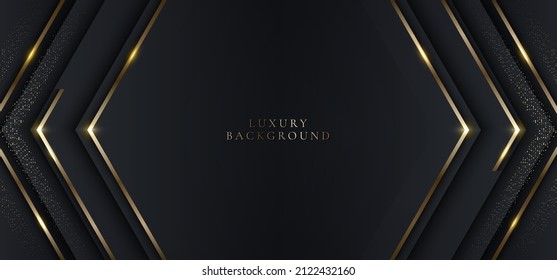 Modern luxury banner template design black triangles and golden glitter 3D gold stripes line light sparking on dark background. Vector graphic illustration