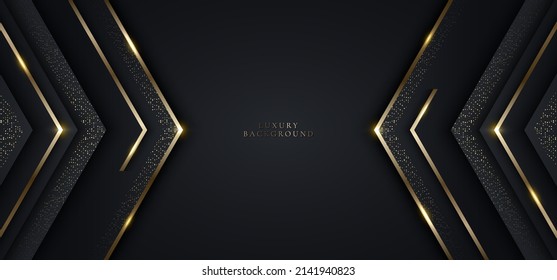 Modern luxury banner template design black triangles   golden glitter 3D gold stripes line light sparking dark background  Vector graphic illustration