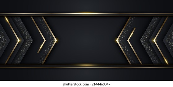 Modern luxury banner template design black arrow triangles and golden glitter 3D gold stripes line light sparking on dark background. Vector graphic illustration