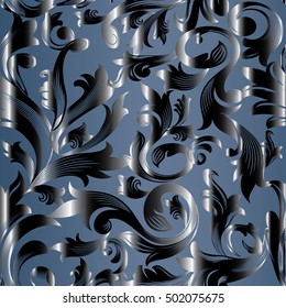 Modern luxury baroque damask floral vector seamless pattern wallpaper illustration with vintage antique decorative 3d baroque flowers leaves and ornaments.Shiny decor with shadows and highlights.