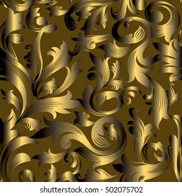Modern luxury baroque damask floral vector seamless pattern wallpaper illustration with vintage antique decorative gold 3d baroque flowers leaves and ornaments.Shiny decor with shadows and highlights.