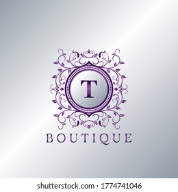Modern Luxury Boutique Letter T logo. Unique elegance design floral ornament with purple metal circle  frame vector design.