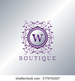 Modern Luxury Boutique Letter W logo. Unique elegance design floral ornament with purple metal circle  frame vector design.