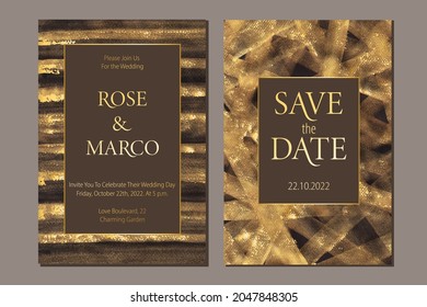 Modern luxury card design. Hand painted shiny watercolor texture. Gold, brown, black colors brochure, flyer, invitation template. Wedding invitation style. Vector. 