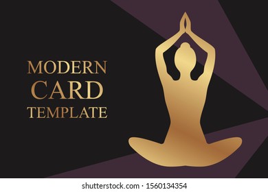 Modern luxury card template for business or presentation or greeting with golden silhouette of a girl in lotus position on a black background with purple stripes.