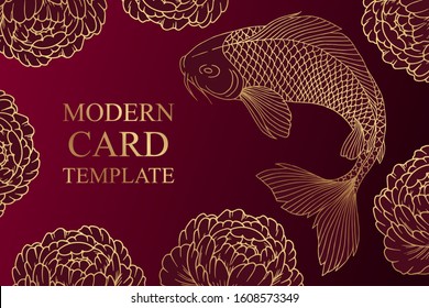 Modern luxury card template for business or presentation or greeting with golden carp and peonies on a red background.