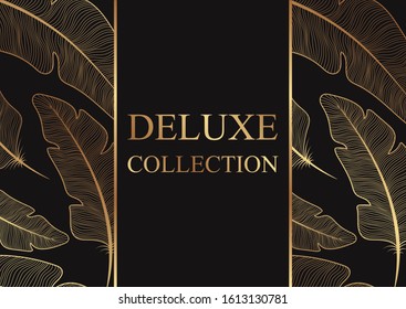 Modern luxury card template for business or presentation or greeting with golden feathers on a black background.