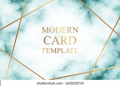 Modern luxury card template for business or presentation or greeting with golden lines on a white with turquoise marble textured background.