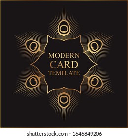 Modern luxury card template for business or presentation or greeting with golden peacock feathers on a black background.