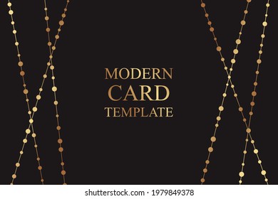 Modern luxury card template for wedding or business or presentation or birthday greeting with golden lines and beads on a black background.