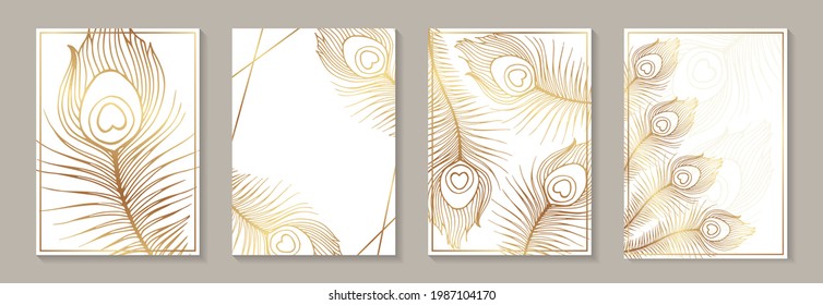 Modern luxury card template for wedding or business or presentation or birthday greeting with golden peacock feathers on a white background.