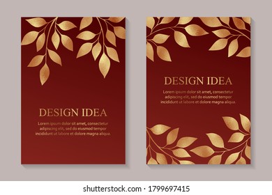Modern luxury card templates for wedding or bithday greeting or presentation or sale banner with golden autumn leaves on a red background.