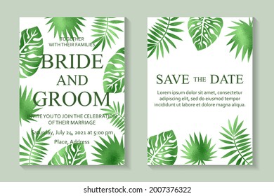 Modern luxury card templates for wedding or bithday greeting or presentation or banner with green tropical leaves on a white background.