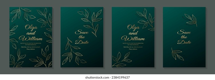 Modern luxury card templates for wedding or bithday greeting or presentation or sale banner with golden leaves on a green background.