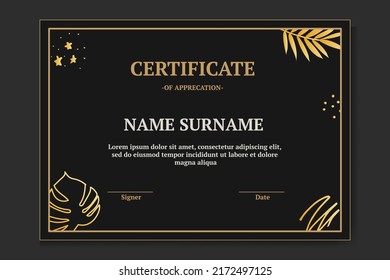 Modern and luxury certificate template with black and gold color. with leaf monstera and leaf palm.