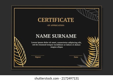 Modern and luxury certificate template with black and gold color. with leaf monstera and leaf palm.