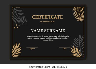 Modern and luxury certificate template with black and gold color. with leaf monstera and leaf palm.