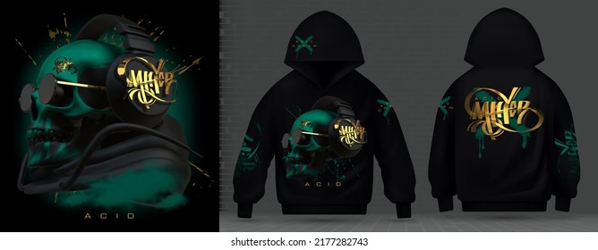 Modern Luxury Collection Of Acid Print. Matte Black And Gold Skull With Glasses Techno Style, Rave Music Neon 3d Realistic.Technology Future Plaster Heads.Front And Back Design. Graffiti Hoodie