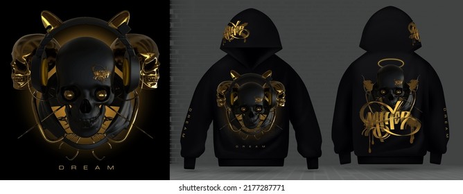 Moderne Luxus-Kollektion von saurem Druck. Matte schwarz und Gold drei gothischen Engel Skulls Techno Stil, rave Musik Neon 3d realistisch.Technologie Zukunft Gips Kopf.Front und Rückseite Design. Graffiti-Hoodi