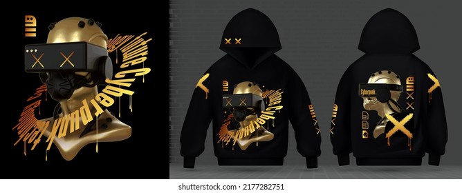 Modern luxury collection of acid print.Сyberpunk techno style, rave music with neon 3d realistic. Technology the future virtual reality with plaster heads.Front and back design. Graffiti hoodie vecto