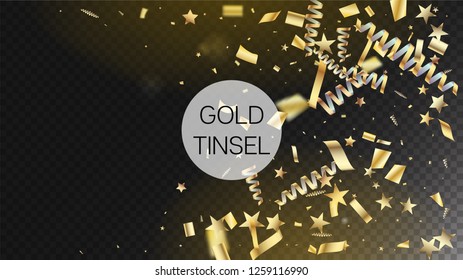 Modern Luxury Confetti, Isolated Stars, Tinsel Falling. Horizontal Fairy Shapes Background. Cool Sparkling Christmas, New Year, Birthday Party Holiday Border. Luxury Confetti, Isolated Gold