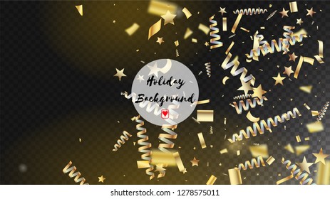 Modern Luxury Confetti, Isolated Stars, Tinsel Falling. Horizontal Fairy Shapes Background. Cool Platinum Christmas, New Year, Birthday Party Holiday Frame. Luxury Confetti, Isolated Gold
