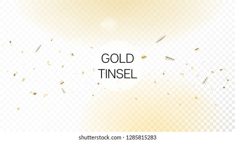 Modern Luxury Confetti, Isolated Stars, Tinsel Falling. Horizontal Shiny Streamers Background. Cool Glamour Christmas, New Year, Birthday Party Holiday Frame. Luxury Confetti, Isolated Gold