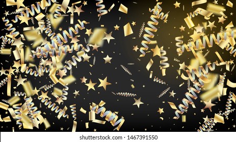 Modern Luxury Confetti, Isolated Stars, Tinsel Falling. Cool Sparkling Christmas, New Year, Birthday Party Holiday Border. Horizontal Mystical Night Sky Background. Luxury Confetti, Isolated Gold
