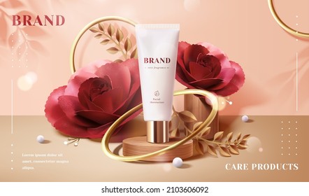 Modern luxury cosmetic ad template. 3d skincare product tube on a wooden podium surrounded by golden rings, roses, leaves and pearls on brown background.