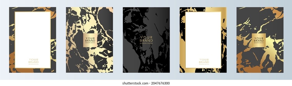 Modern luxury cover design set. Elegant fashionable background with abstract marble, fluid, grunge pattern in gold, black color. Premium vector template for elite menu, flyer, vip card, web design.