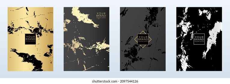 Modern luxury cover design set. Elegant fashionable background with abstract marble, fluid, grunge pattern in gold, black color. Premium vector template for elite menu, flyer, vip card, web design.