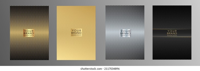 Modern luxury cover design set. Elegant fashionable background with abstract diamond digital geometric pattern in gold, black, silver dots. Premium vector for menu, flyer, vip card, elite template