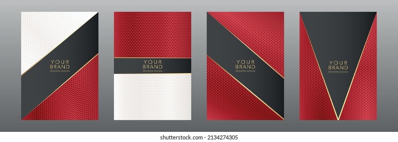 Modern luxury cover design set. Elegant fashionable red and white background carbon texture, abstract dot digital geometric pattern in gold, black color. Premium vector for menu, flyer, card, template