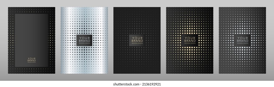 Modern luxury cover design set. Elegant fashionable background with abstract diamond digital geometric pattern in silver, black, gold color dots. Premium vector for menu, flyer, vip invitation