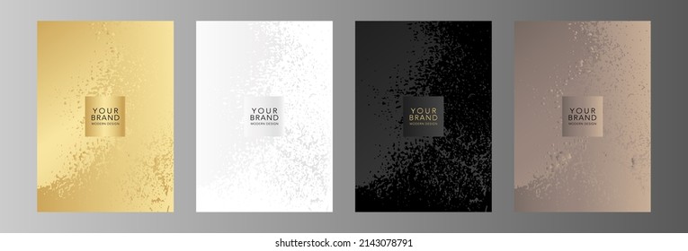 Modern luxury cover design set. Elegant backgrounds with abstract marble, fluid, grunge pattern in gold, black, Mocha Mousse color. Premium vector template for elite menu, flyer, vip card, web design.