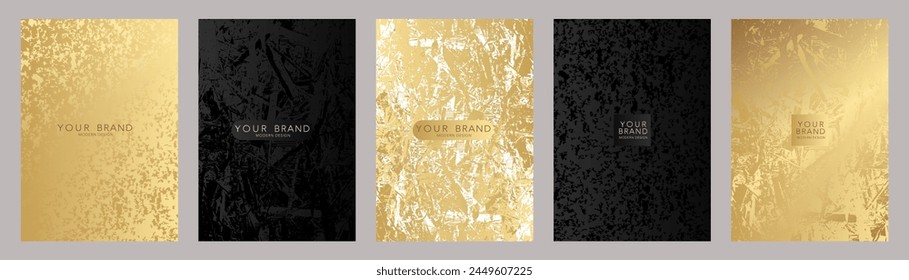 Modern luxury cover design set. Elegant fashionable background with abstract marble, fluid, grunge pattern in gold, black color. Premium vector template for elite menu, flyer, vip card, web design